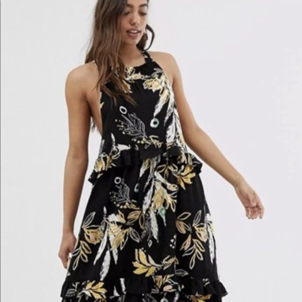Authentic Free people tiered ruffle floral black maxi dress.